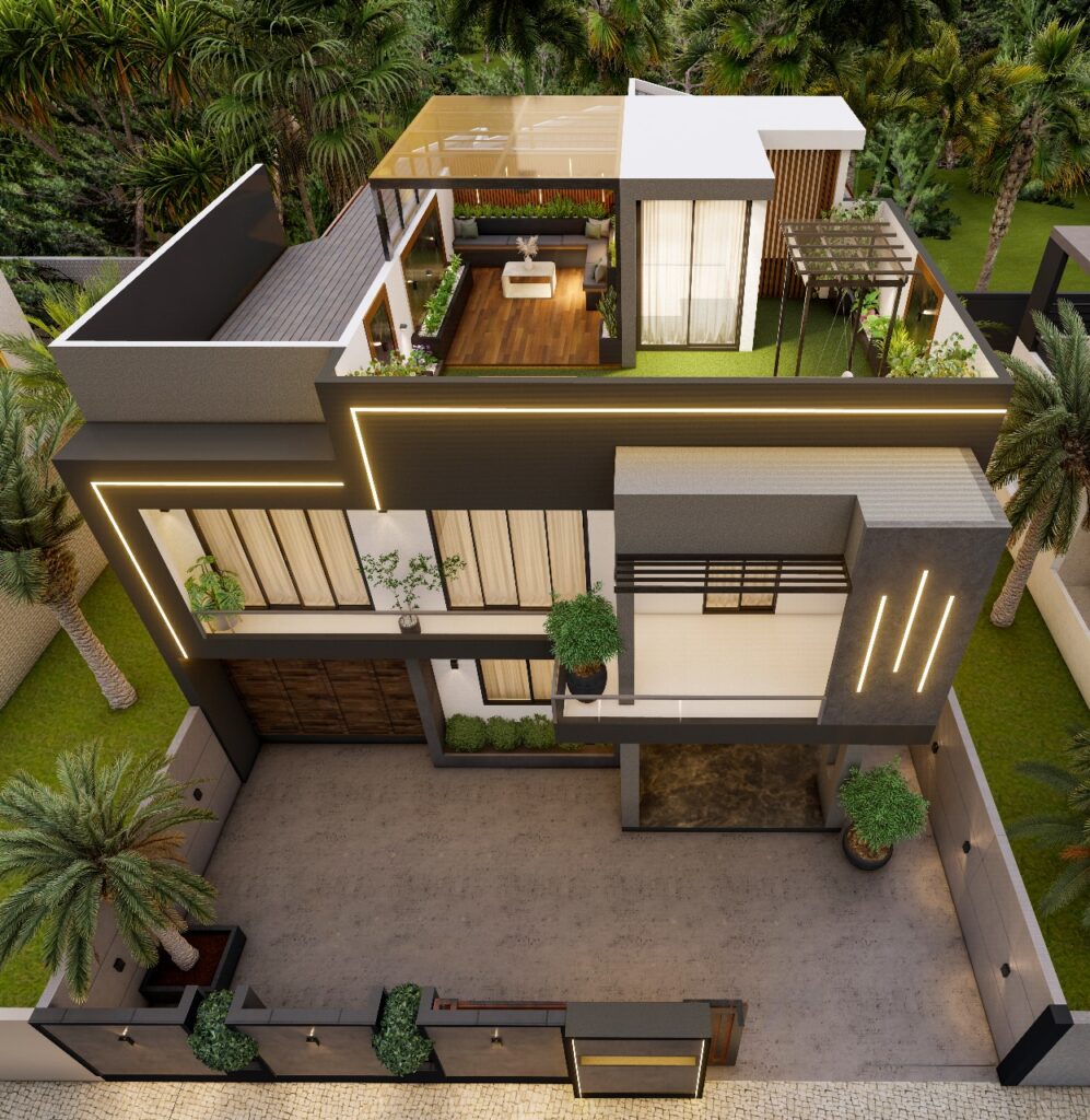 Modern luxury villa design in UAE by GCC ADEC with rooftop garden and elegant lighting.