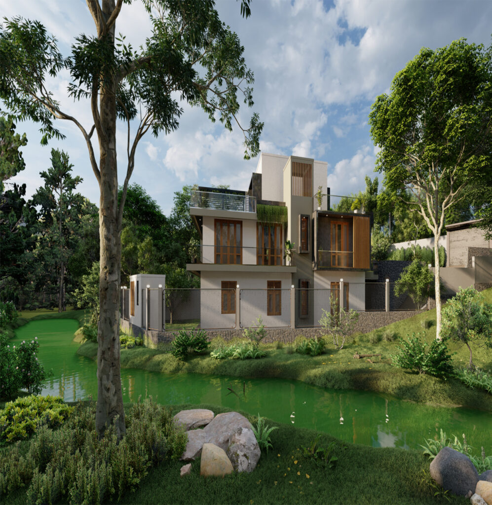 Modern sustainable house surrounded by lush greenery and a serene water body.