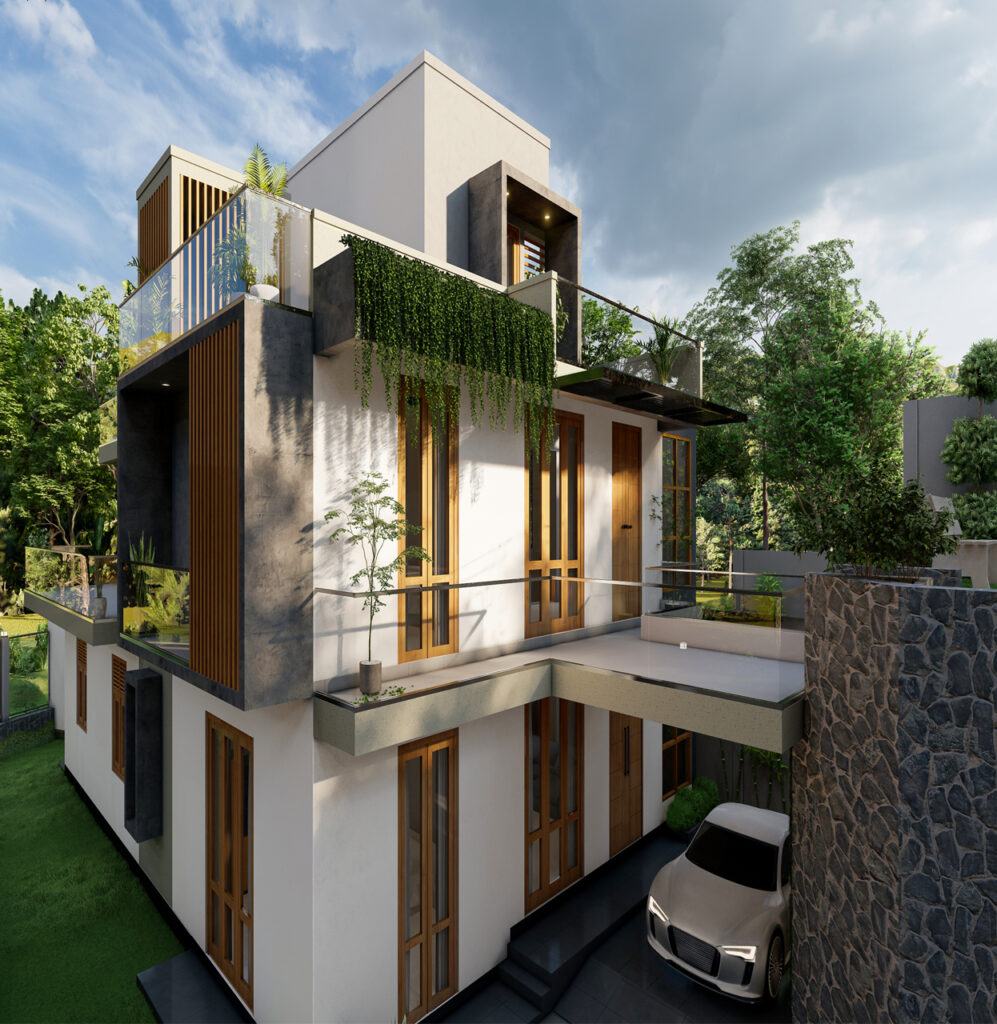 Modern luxury home with green elements and wooden accents.