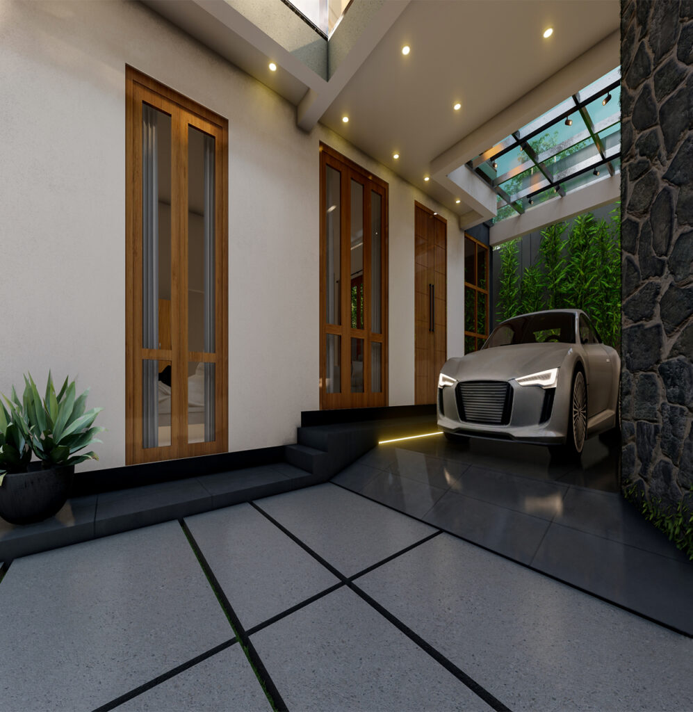 Luxury home entrance with modern car parking and stylish lighting.