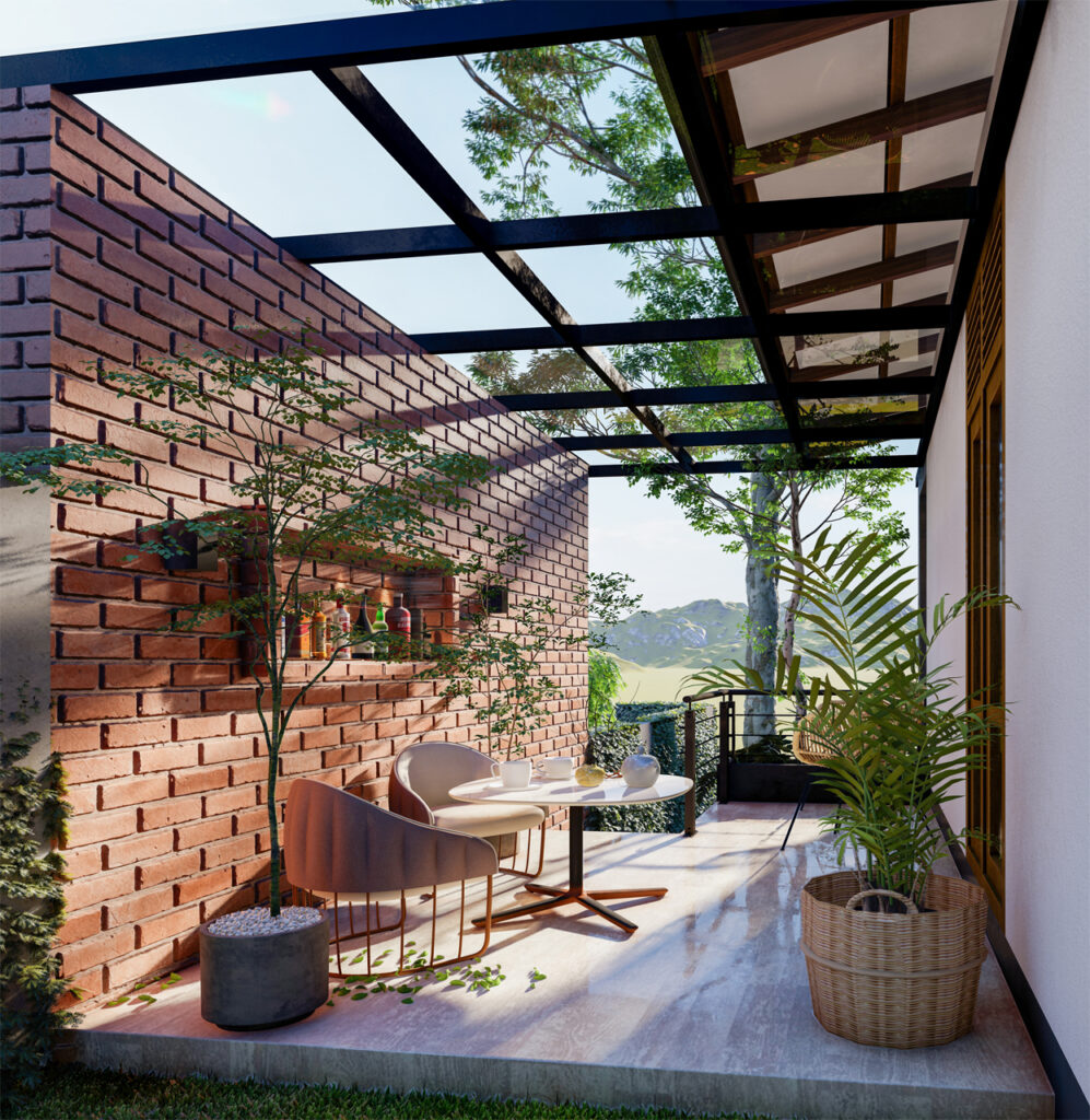 Cozy outdoor patio with modern furniture and brick accent wall.