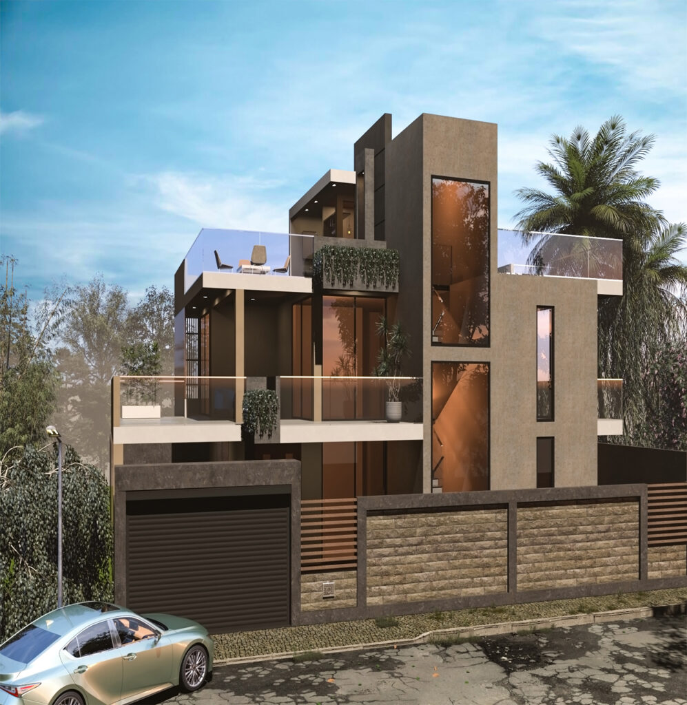 Modern luxury villa in the UAE with glass balconies and warm lighting.