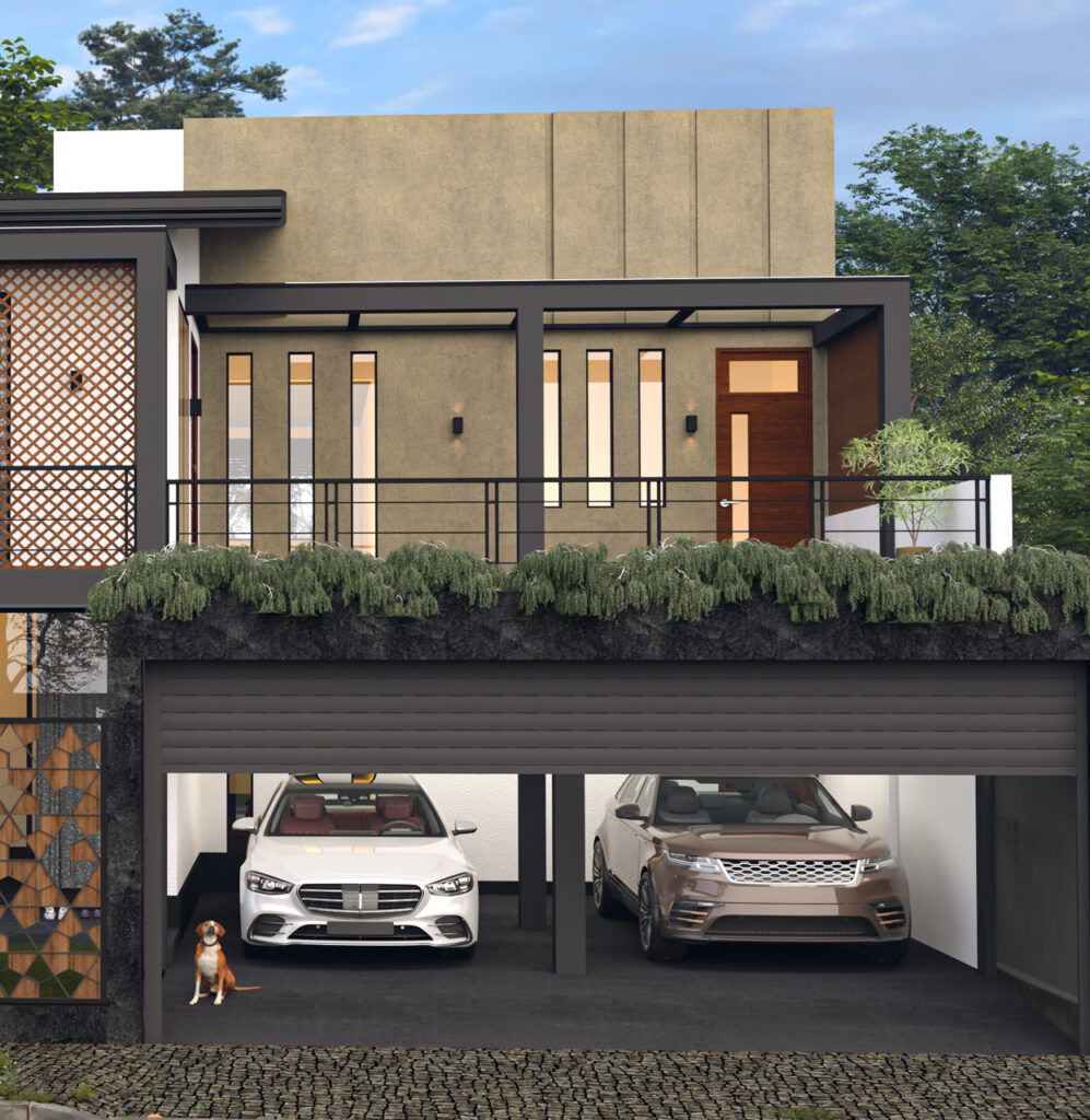 Modern villa with an open garage featuring luxury cars in the UAE.