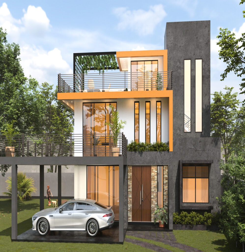 Ultra-modern villa with striking orange and black architectural design in the UAE.