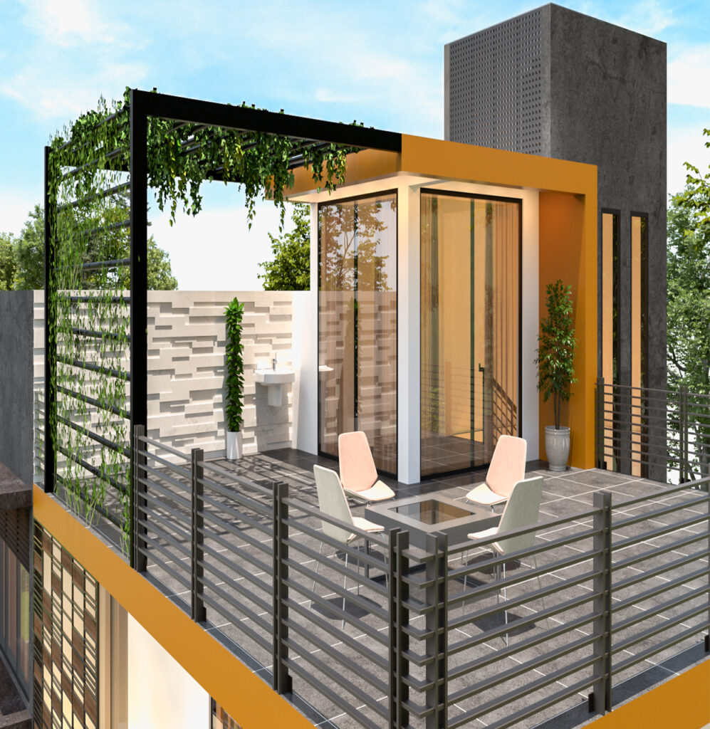 Modern rooftop terrace with stylish seating and green pergola in the UAE.