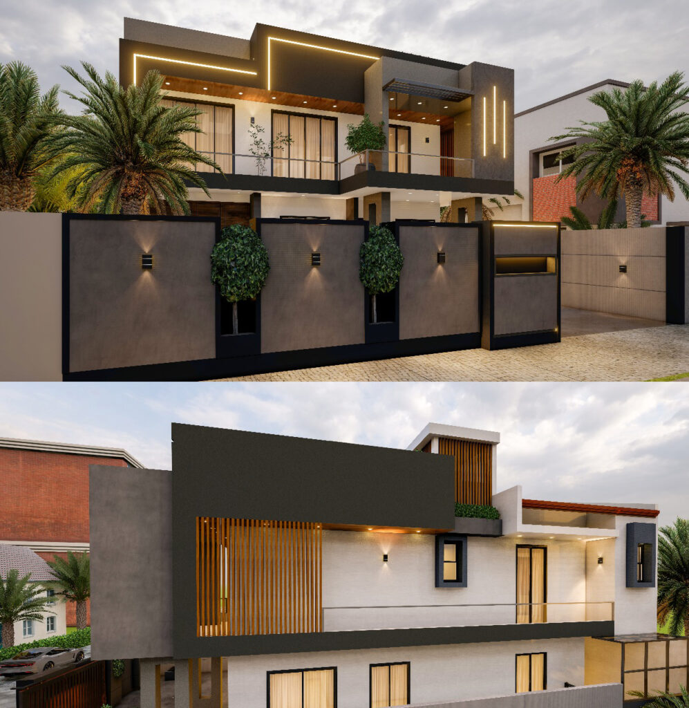 Modern villa exterior design in UAE by GCC ADEC with stylish lighting and contemporary architecture.
