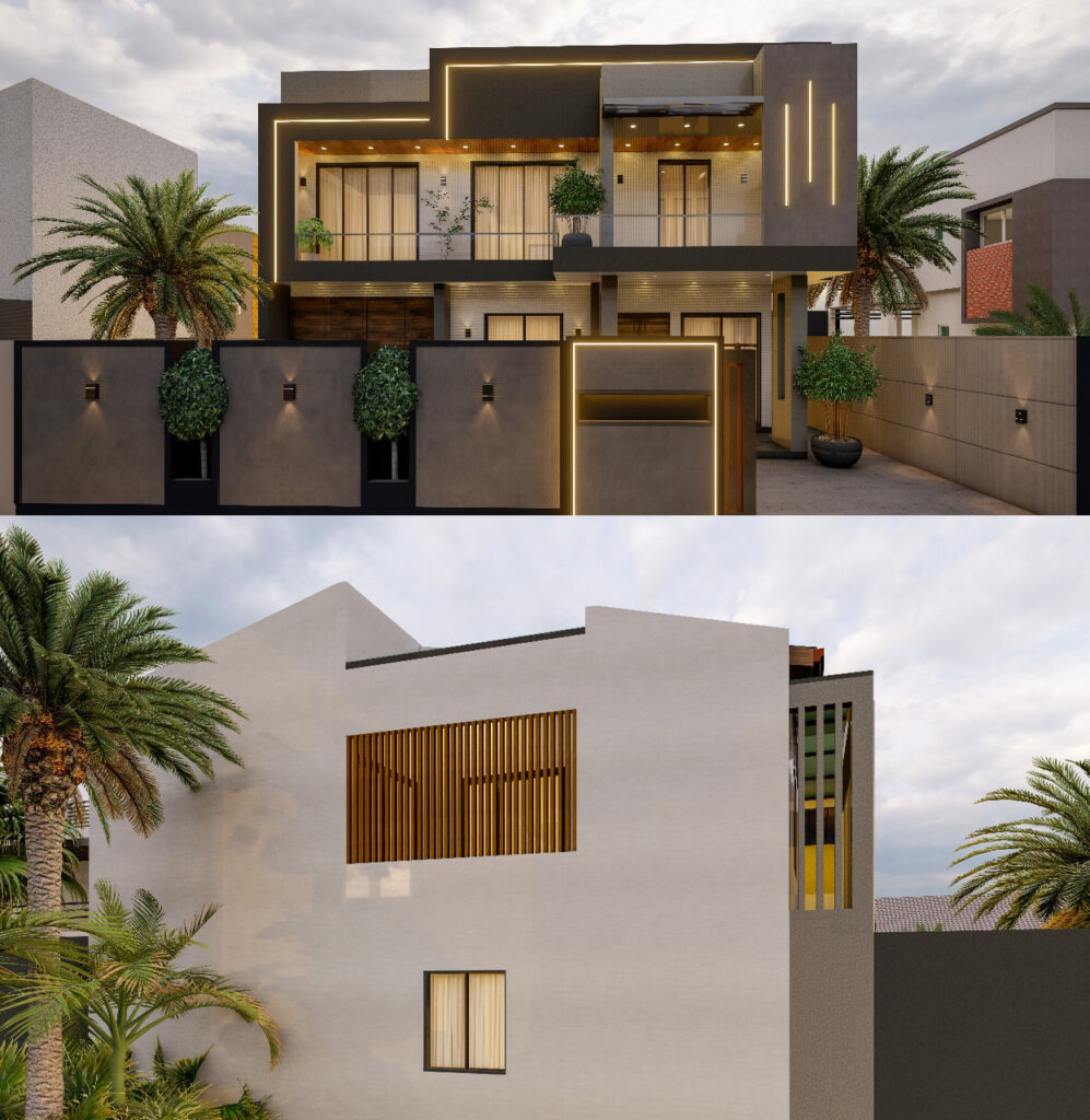Elegant villa exterior in UAE by GCC ADEC with modern lighting and architectural design.