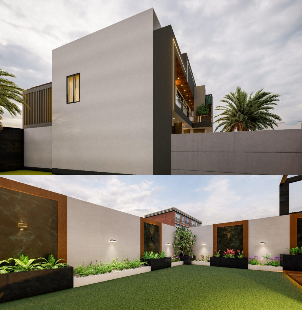 Modern villa side view and landscaped garden in UAE by GCC ADEC.