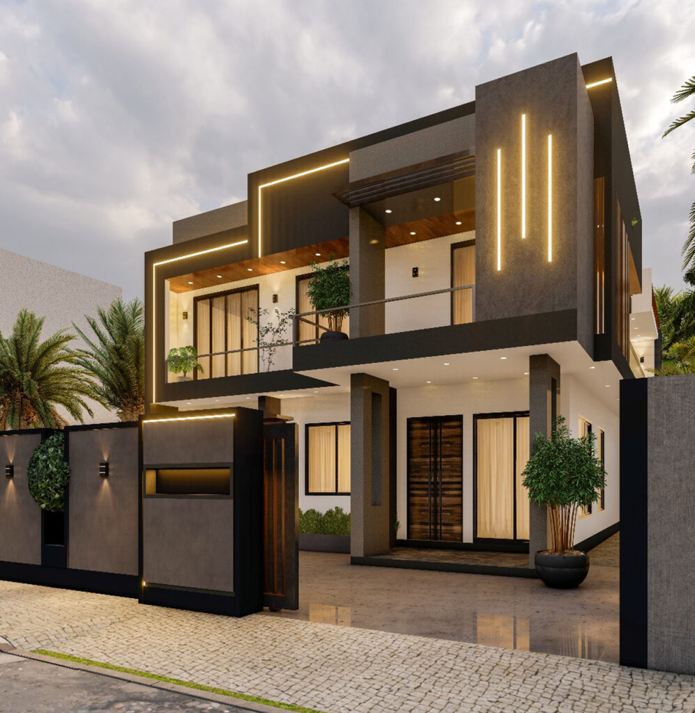 Modern luxury villa entrance with stylish lighting in UAE by GCC ADEC.