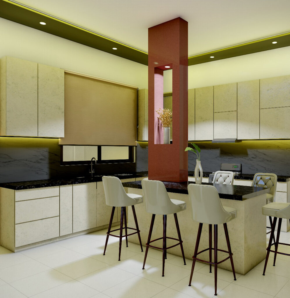 Modern luxury kitchen design with island seating in UAE by GCC ADEC.
