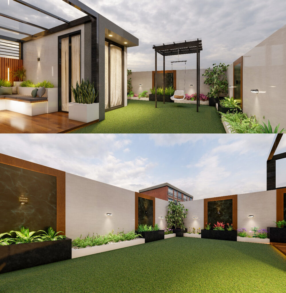 Beautiful landscaped garden with seating and pergola in UAE by GCC ADEC.