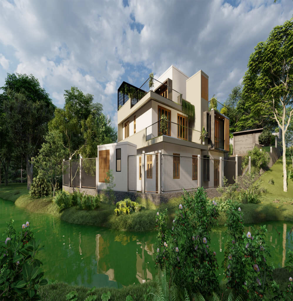 Modern eco-friendly house surrounded by lush greenery and a water body in UAE.