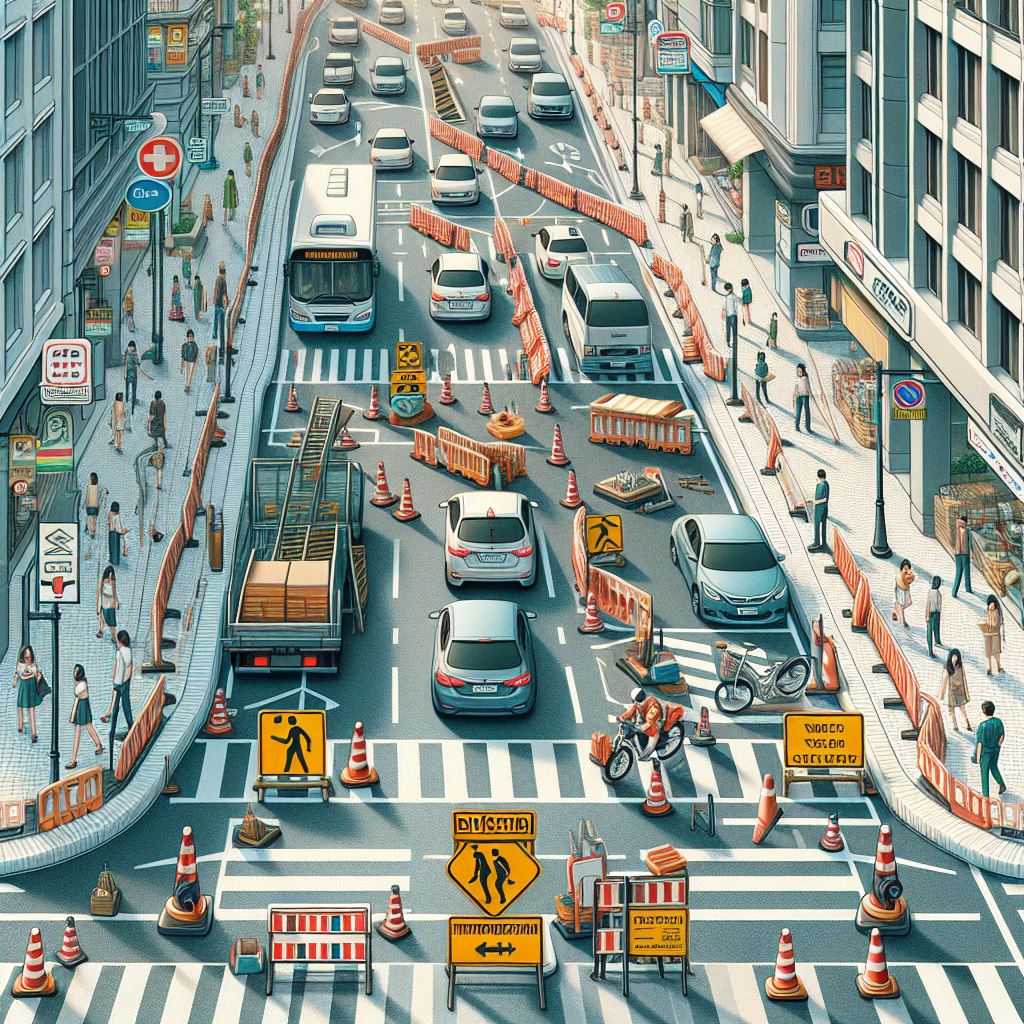Temporary traffic diversion with road signs and barriers in the UAE, designed by GCC ADEC.
