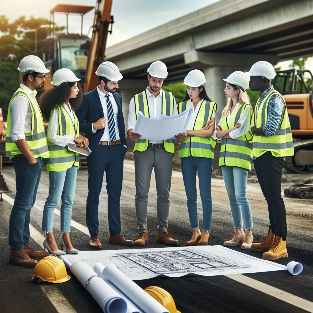 A team of engineers and consultants reviewing roadwork plans at a construction site.