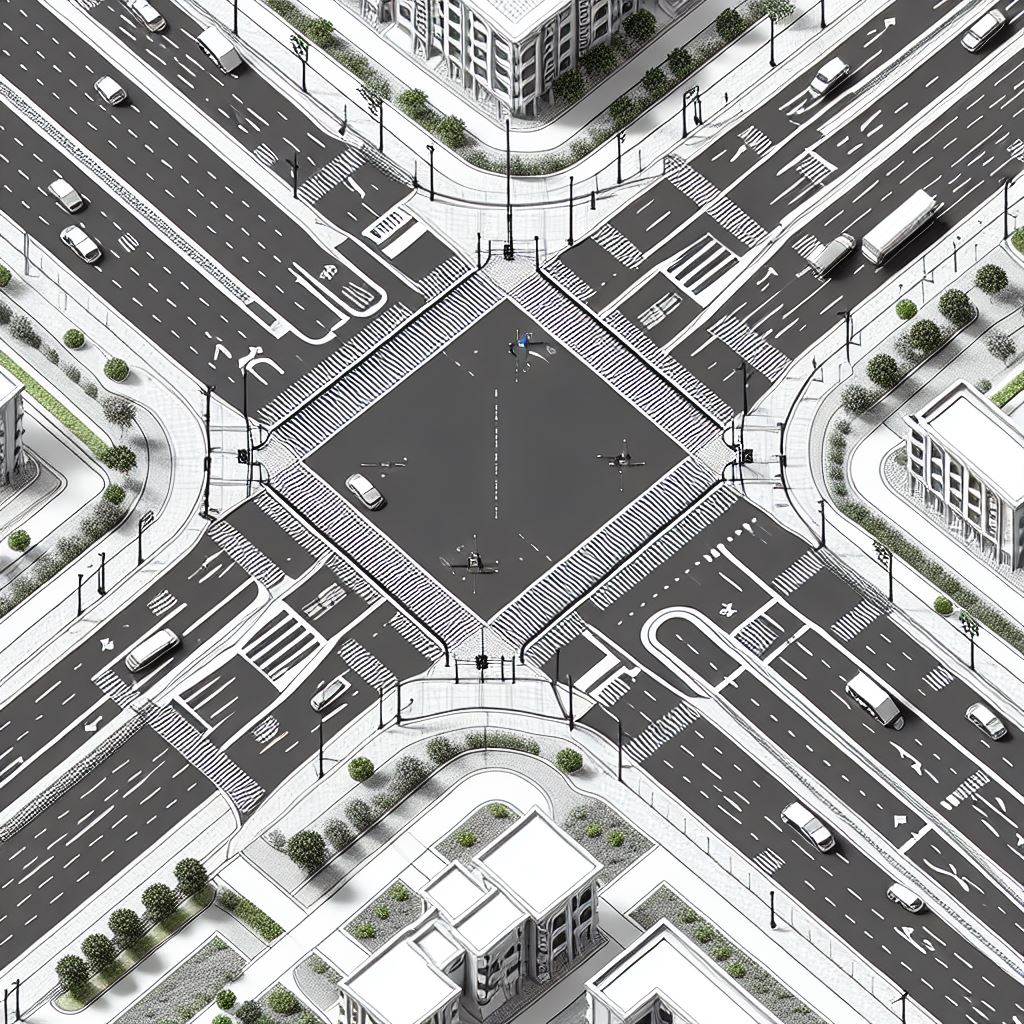 A detailed isometric roadwork design blueprint showcasing an urban intersection with multiple lanes, pedestrian crossings, and traffic signals.