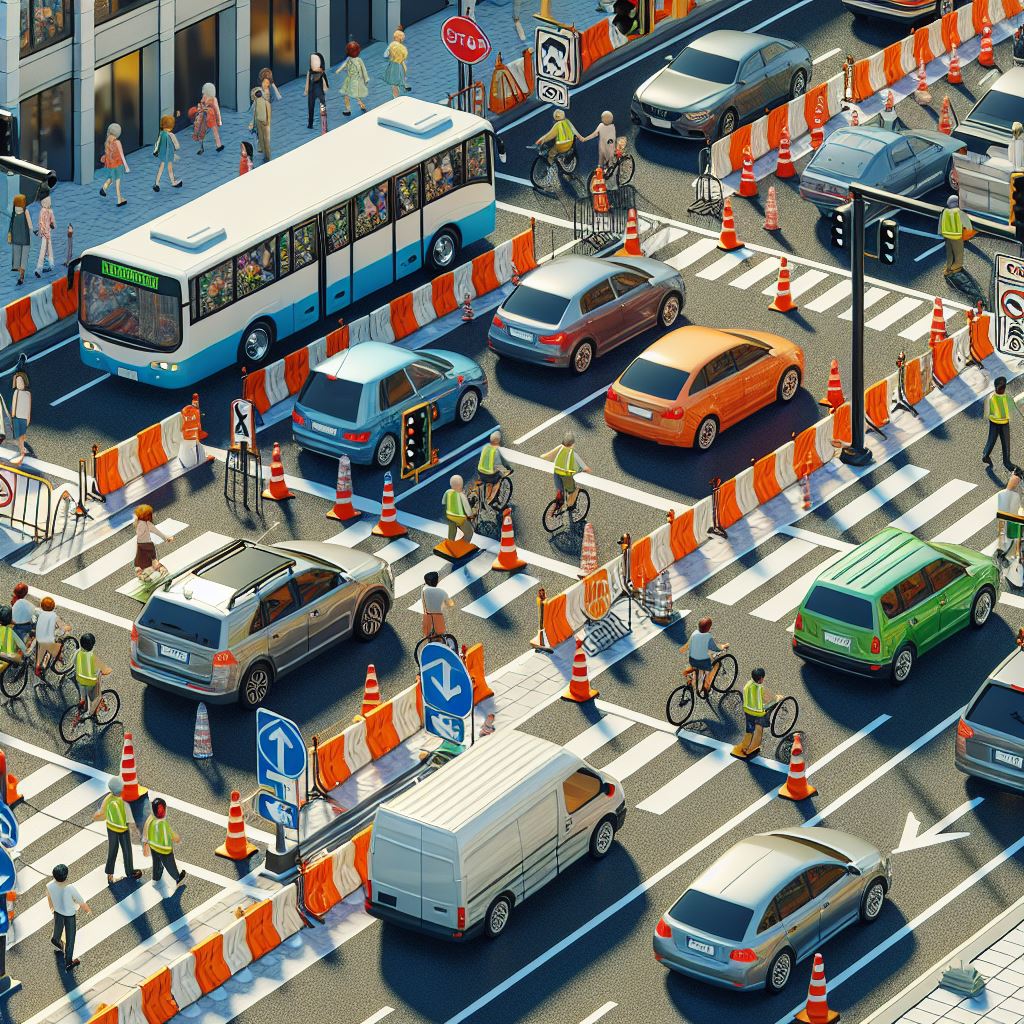 Temporary traffic diversion with safety barriers, road signs, and vehicles managed by GCC ADEC.