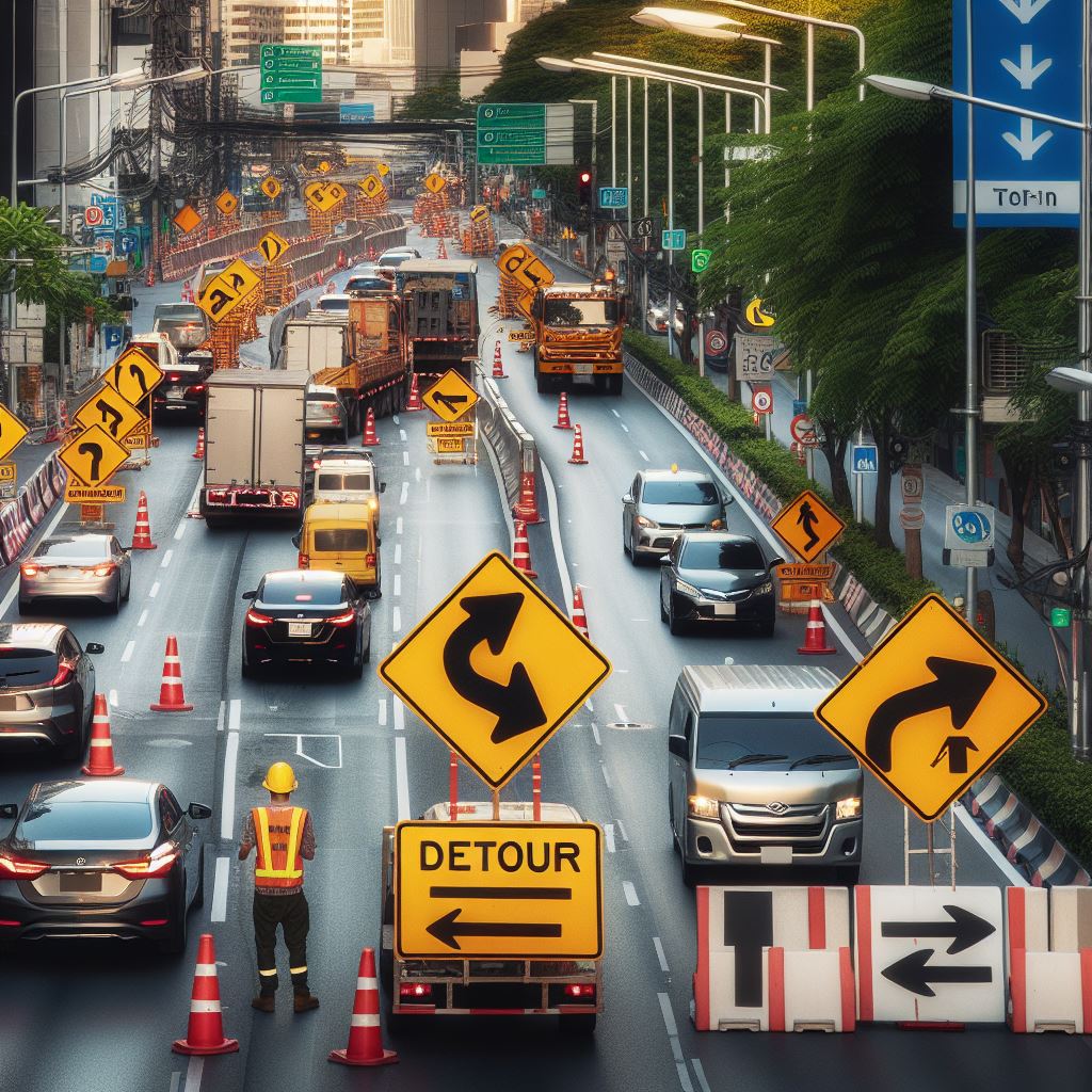 Traffic diversion with road signs and safety cones by GCC ADEC.